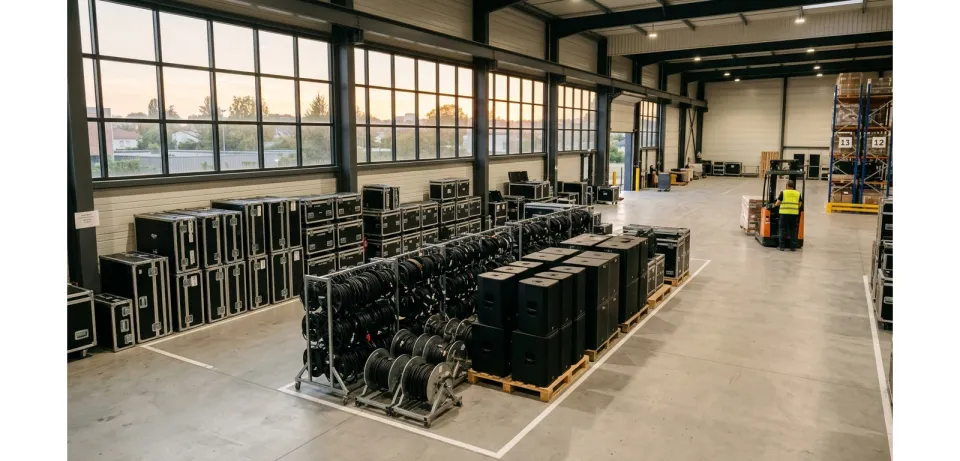 Entrepôt LOCLIGHT : enceintes et flight cases prêts pour la location