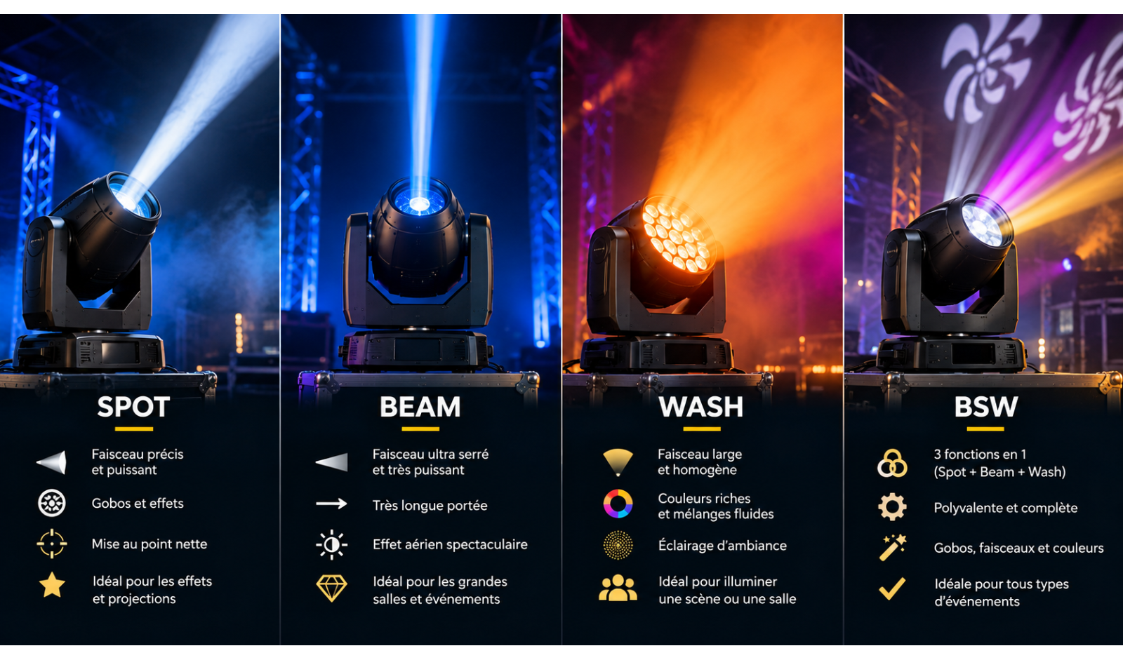 Location lyres : beam, wash, spot et BSW, comment choisir ?