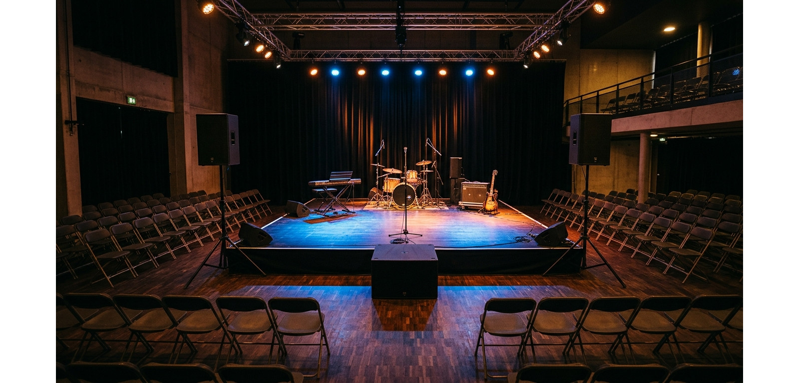 Location sono concert : enceintes amplifiées et caisson sur scène en salle