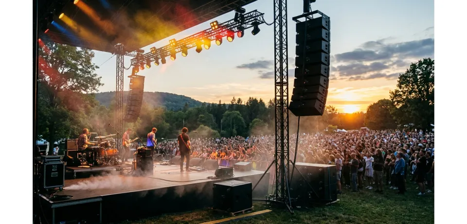 Location sono concert plein air : enceintes puissantes et éclairage LED sur scène