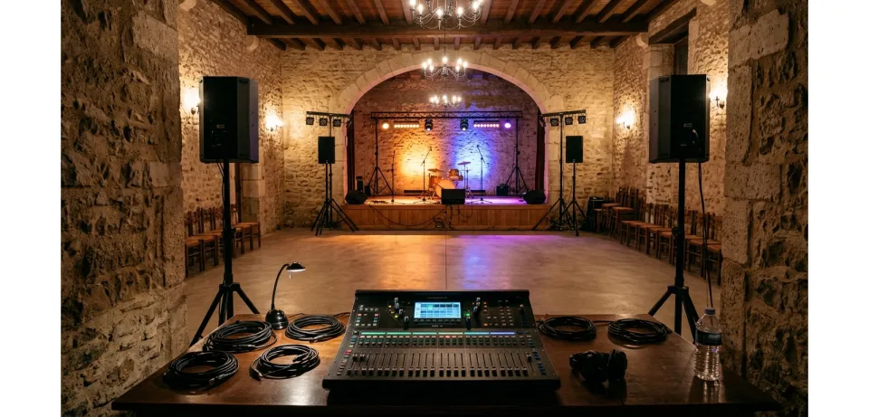 Sono en salle : table de mixage et enceintes amplifiées pour concert intérieur