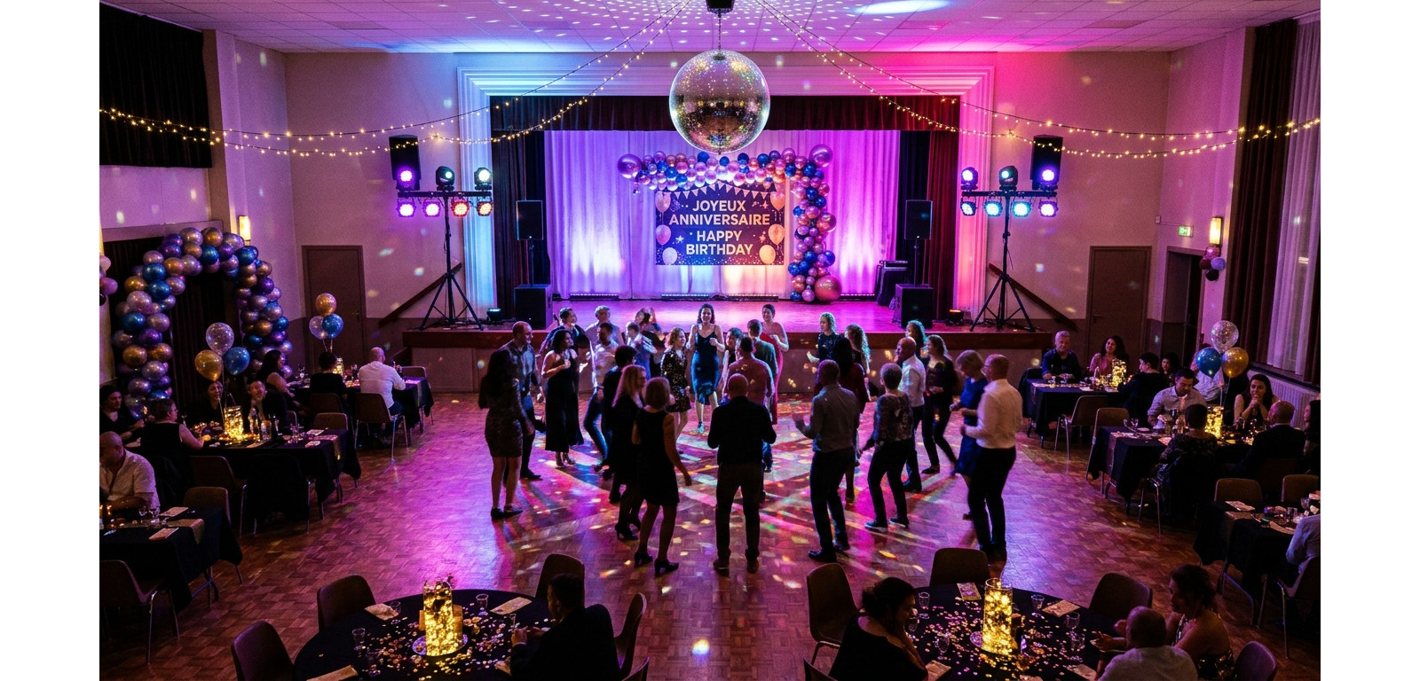Salle de fête éclairée par des jeux LED colorés pour une location lumière anniversaire