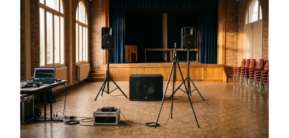 Système de sonorisation caisson et satellites en calibration acoustique dans salle