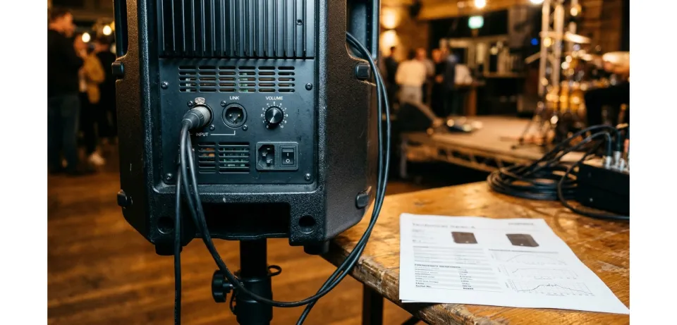 Panneau arrière d'enceinte amplifiée avec connectique XLR et fiche technique