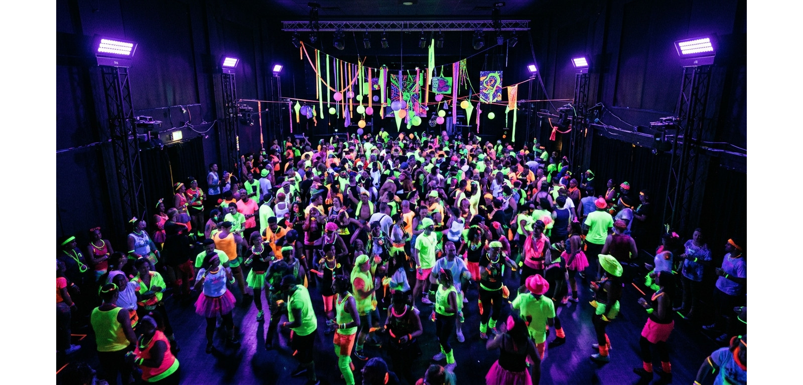 Salle de soirée fluo illuminée par des projecteurs UV, tenues et déco brillantes