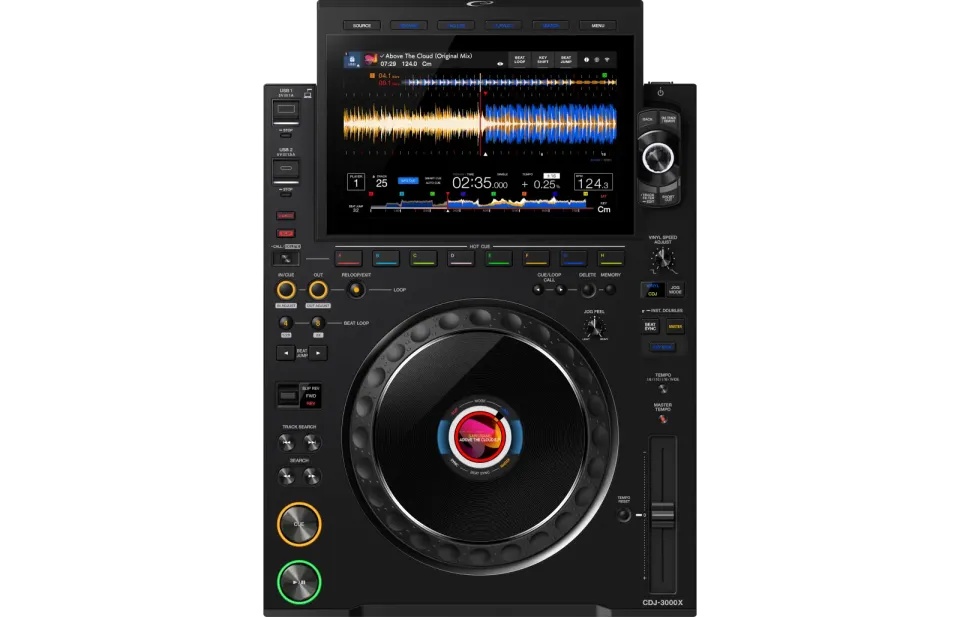 Vue de dessus du CDJ-3000X : écran tactile de 10,1 pouces, 8 Hot Cues et molette