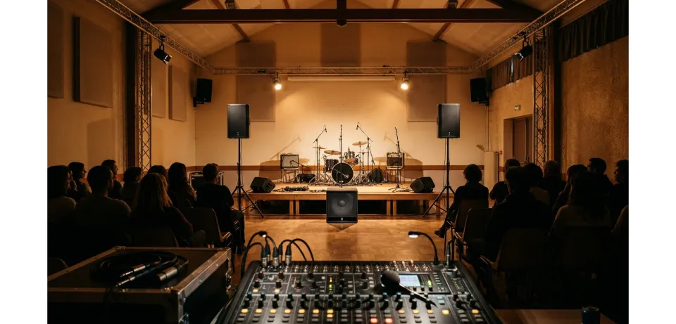 Sono de concert pour 80 personnes en salle, enceintes et caisson