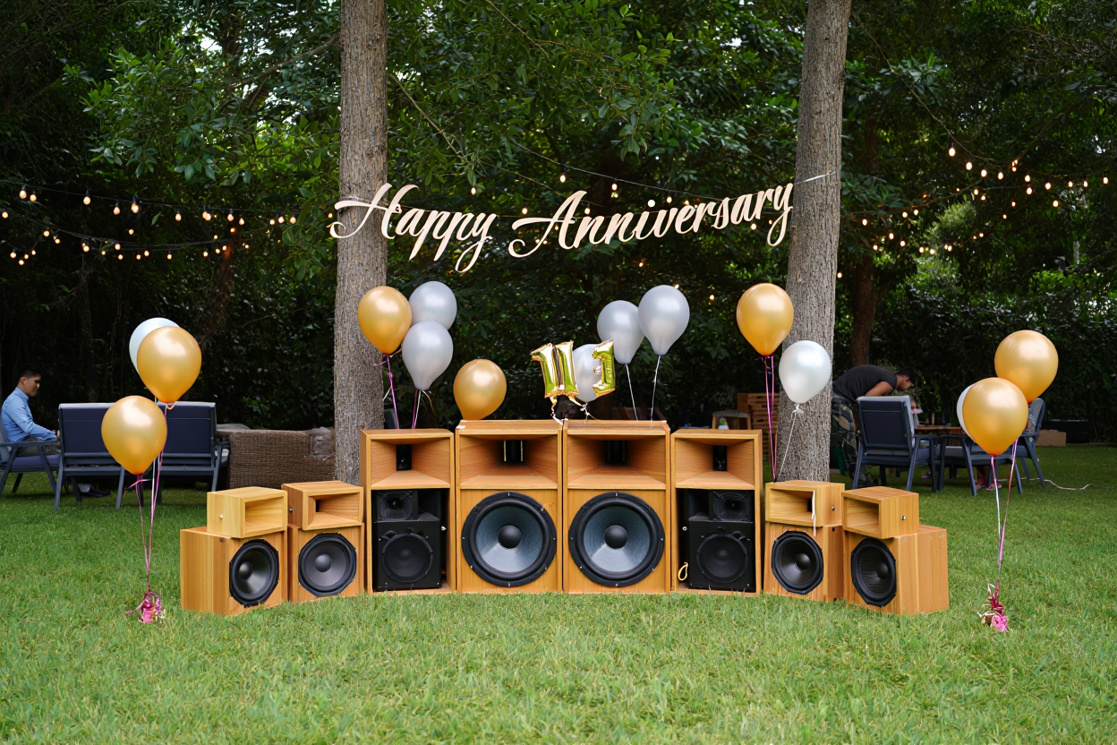 Décor de fête en extérieur avec haut-parleurs DIY en bois, ballons dorés et argentés, guirlande lumineuse “Happy Anniversary” et chiffres 11.1 sur le podium audio.