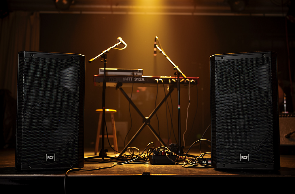 Enceintes amplifiées RCF ART 912A installées de part et d'autre d'une scène de concert.