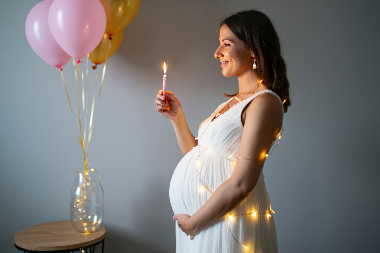 Femme enceinte portant une robe blanche, tenant une bougie allumée près du ventre, entourée de guirlande lumineuse et de ballons pastel dans un décor intérieur.